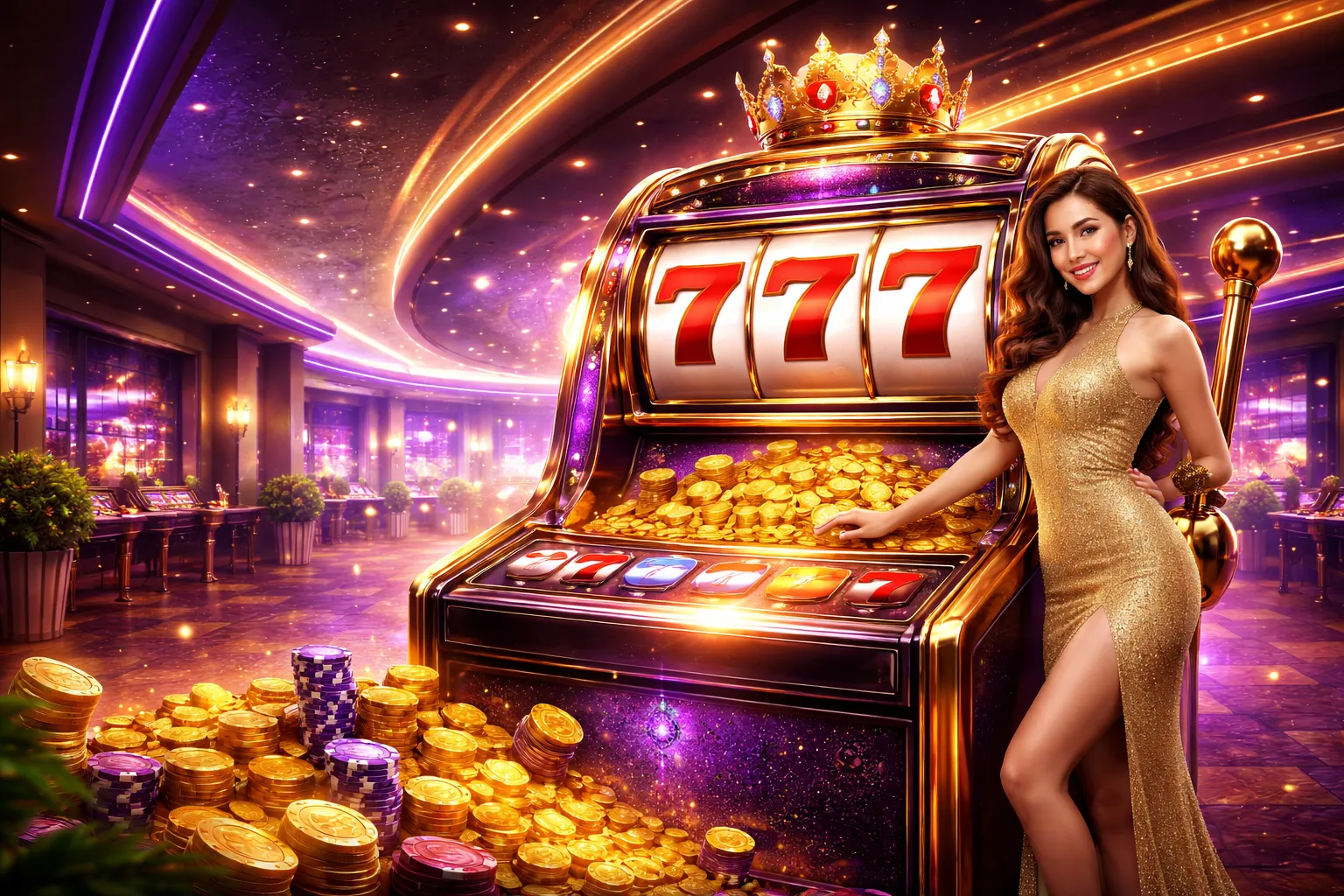 Hình ảnh game slot máy với các biểu tượng may mắn và hiệu ứng thắng lớn